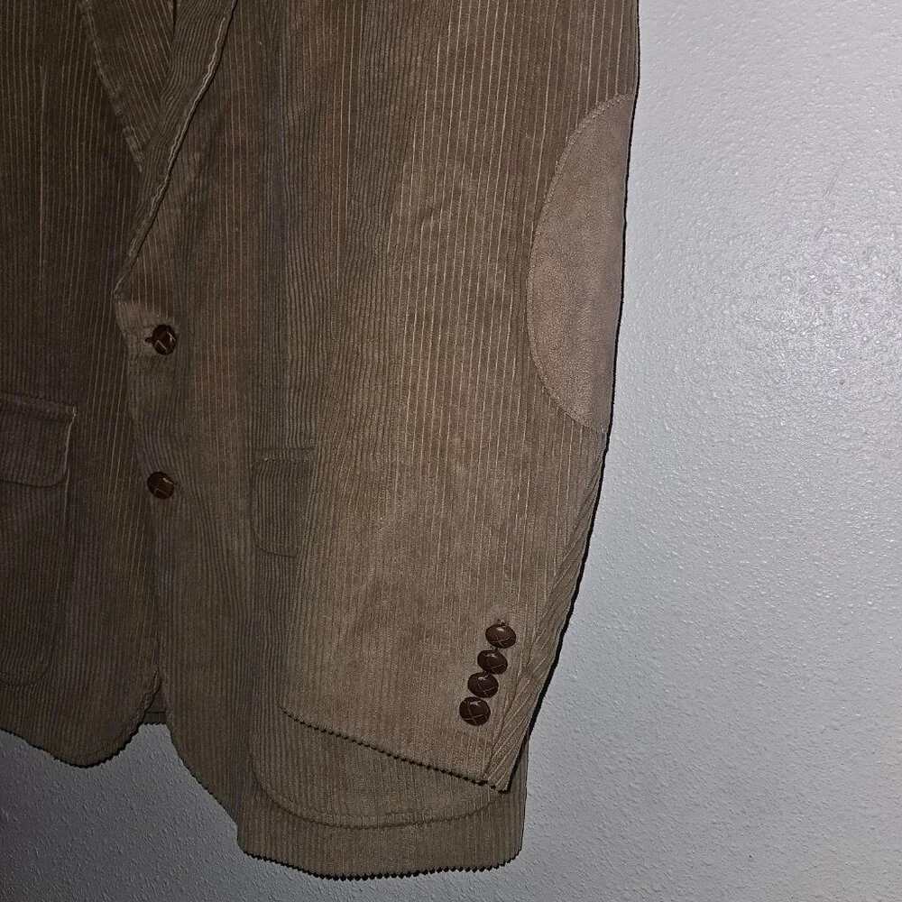 Lands End Brown Corduroy Blazer Jacket Men's 43L Elbow Patches Wood Buttons